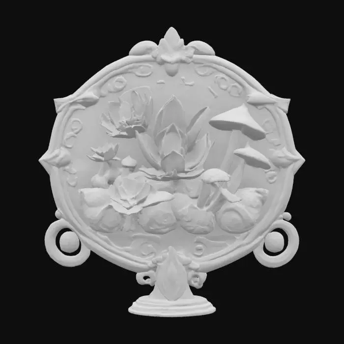 3D model for a detailed stylized shield decorated with bioluminescent succulents and mushrooms with pops of accent colors, hanging on a decorated stand, #emblem#