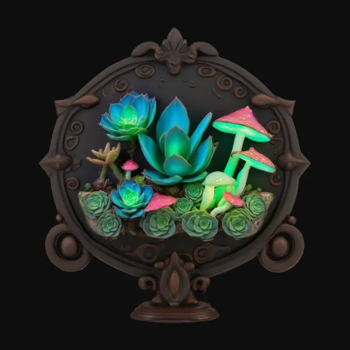 3D model for a detailed stylized shield decorated with bioluminescent succulents and mushrooms with pops of accent colors, hanging on a decorated stand, #emblem#