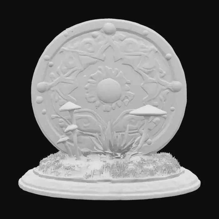 3D model for a detailed stylized shield decorated with bioluminescent succulents and mushrooms with pops of accent colors, hanging on a decorated stand, #emblem#