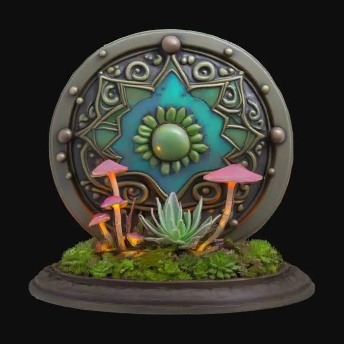 3D model for a detailed stylized shield decorated with bioluminescent succulents and mushrooms with pops of accent colors, hanging on a decorated stand, #emblem#