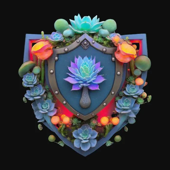 3D model for a detailed stylized shield decorated with bioluminescent succulents and mushrooms with pops of accent colors, hanging on a decorated stand, #emblem#