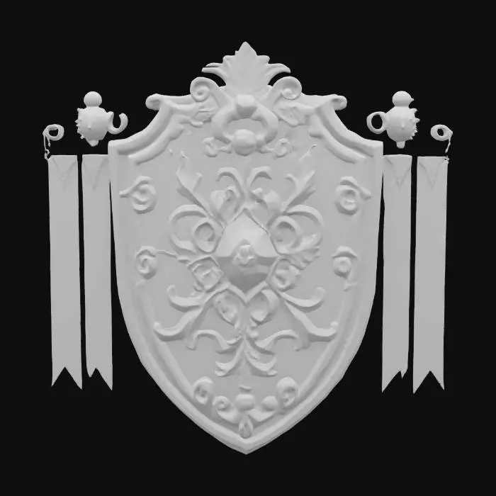 3D model for an ornate, shield-like structure with scrolling woodwork, adorned with floral elements and a central pink gemstone, featuring a textured surface of stone and wood elements, with a hanging vertical banner on on each side, #emblem#