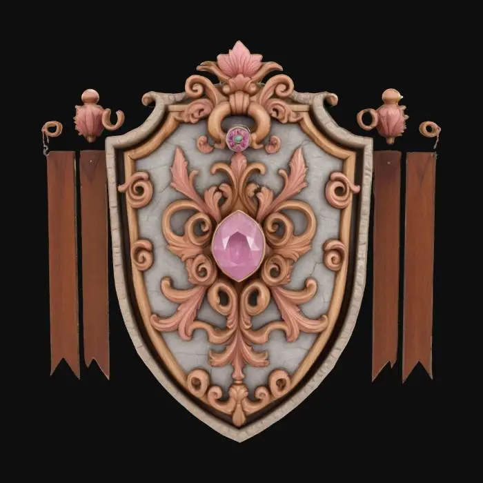 3D model for an ornate, shield-like structure with scrolling woodwork, adorned with floral elements and a central pink gemstone, featuring a textured surface of stone and wood elements, with a hanging vertical banner on on each side, #emblem#