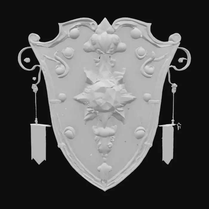 3D model for an ornate, shield-like structure with scrolling woodwork, adorned with floral elements and a central pink gemstone, featuring a textured surface of stone and wood elements, with a hanging vertical banner on on each side, #emblem#