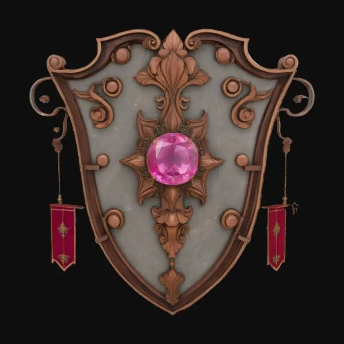 3D model for an ornate, shield-like structure with scrolling woodwork, adorned with floral elements and a central pink gemstone, featuring a textured surface of stone and wood elements, with a hanging vertical banner on on each side, #emblem#