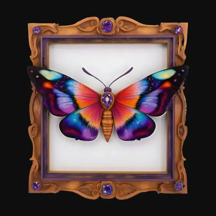 3D model for The object is a framed, stylized starry moth with vibrant, multicolored wings featuring a galaxy-like texture, bordered by a carved wooden frame adorned with purple crystals., #emblem#