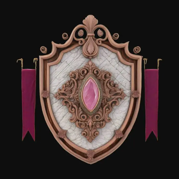 3D model for an ornate, shield-like structure with scrolling woodwork, adorned with floral elements and a central pink gemstone, featuring a textured surface of stone and wood elements, with a hanging vertical banner on on each side, #emblem#