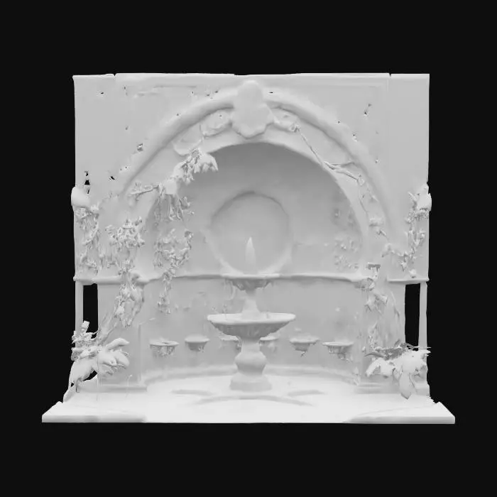 3D model for An ornate, Moorish-inspired fountain with a horseshoe-shaped archway made of intricately tiled ceramic in blues, greens, and gold patterns. Fragrant jasmine vines, heavy with small, star-shaped white flowers, drape elegantly over the arch. Multiple slender streams of water spout from stylized spouts within the arch, splashing into a star-shaped pool., #arch#