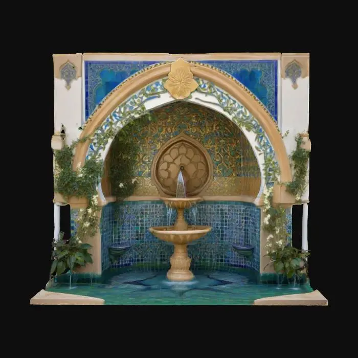3D model for An ornate, Moorish-inspired fountain with a horseshoe-shaped archway made of intricately tiled ceramic in blues, greens, and gold patterns. Fragrant jasmine vines, heavy with small, star-shaped white flowers, drape elegantly over the arch. Multiple slender streams of water spout from stylized spouts within the arch, splashing into a star-shaped pool., #arch#
