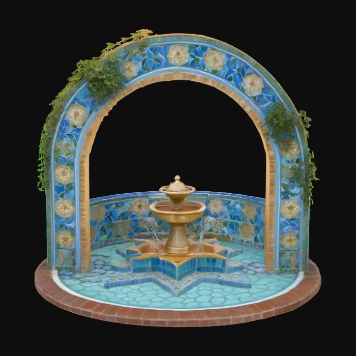 3D model for An ornate, Moorish-inspired fountain with a horseshoe-shaped archway made of intricately tiled ceramic in blues, greens, and gold patterns. Fragrant jasmine vines, heavy with small, star-shaped white flowers, drape elegantly over the arch. Multiple slender streams of water spout from stylized spouts within the arch, splashing into a star-shaped pool., #arch#