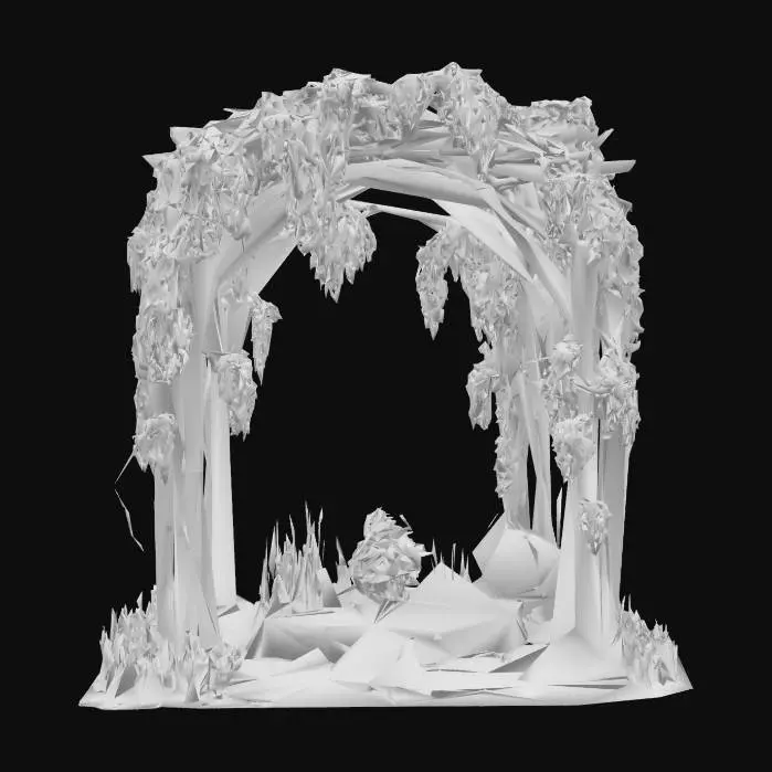 3D model for A vibrant, living archway composed of thick, intertwining bamboo poles, lashed together into a sturdy yet organic structure that crosses a beautiful koi pond. Cascading from the bamboo are lush, trailing wisteria vines, heavy with clusters of lavender blossoms., #arch#