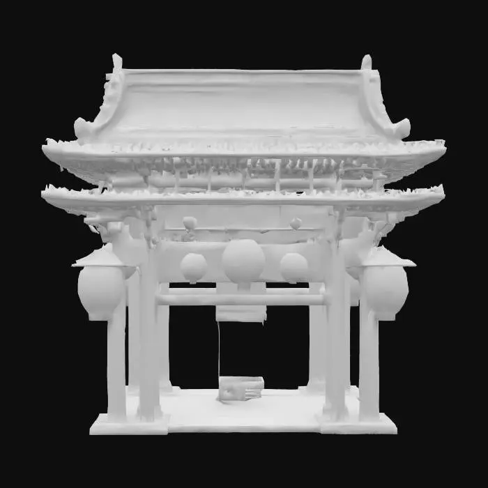 3D model for An elaborate Japanese-style archway, a multi-tiered torii crafted from highly polished, vibrant vermilion-red lacquered wood. Its sweeping beams are adorned with delicate gold leaf accents. Hanging elegantly from its eaves are numerous traditional Japanese paper lanterns, their washi paper exteriors decorated with subtle black ink cherry blossom motifs, glowing softly with a gentle, diffused light. The wood is exceptionally smooth and cool, contrasting with the delicate, papery texture of the lanterns., #arch#