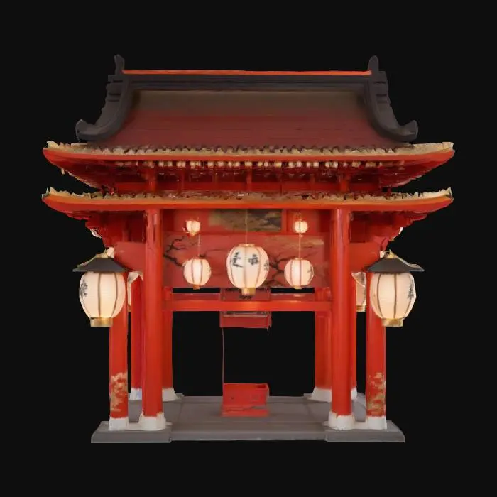 3D model for An elaborate Japanese-style archway, a multi-tiered torii crafted from highly polished, vibrant vermilion-red lacquered wood. Its sweeping beams are adorned with delicate gold leaf accents. Hanging elegantly from its eaves are numerous traditional Japanese paper lanterns, their washi paper exteriors decorated with subtle black ink cherry blossom motifs, glowing softly with a gentle, diffused light. The wood is exceptionally smooth and cool, contrasting with the delicate, papery texture of the lanterns., #arch#
