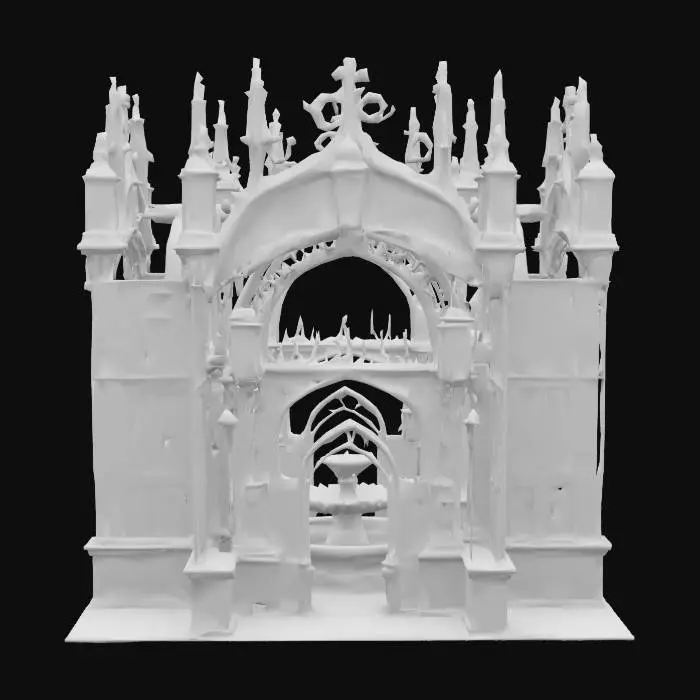 3D model for An imposing Victorian archway, forged from heavy, blackened iron, featuring sharp, gothic-inspired spires and robust, riveted supports. From its formidable structure, robust, caged industrial lanterns with exposed Edison bulbs hang, emitting a powerful, golden light onto a bubbling, circular stone fountain. The iron is cool and textured, with a dull sheen, giving the arch a strong, utilitarian elegance over the lively water feature., #arch#