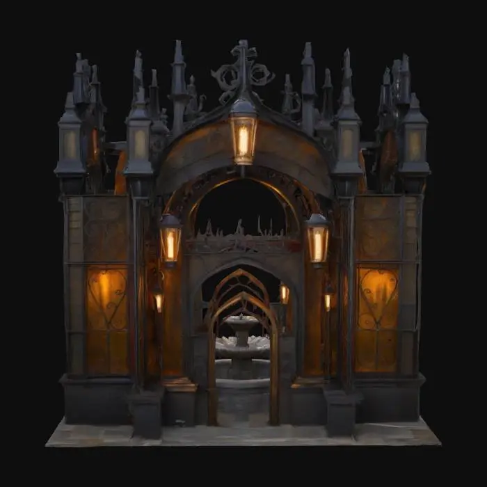 3D model for An imposing Victorian archway, forged from heavy, blackened iron, featuring sharp, gothic-inspired spires and robust, riveted supports. From its formidable structure, robust, caged industrial lanterns with exposed Edison bulbs hang, emitting a powerful, golden light onto a bubbling, circular stone fountain. The iron is cool and textured, with a dull sheen, giving the arch a strong, utilitarian elegance over the lively water feature., #arch#