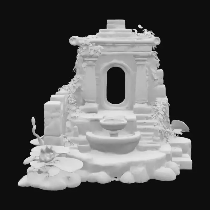 3D model for a miniature ruined temple landscape fountain featuring a textured, stone-like structure with aged, moss-covered runes, cascading water, lush ivy and lotus plants, and a soft teal magical glow flowing up from a basin