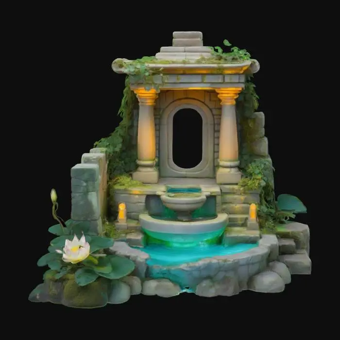 3D model for a miniature ruined temple landscape fountain featuring a textured, stone-like structure with aged, moss-covered runes, cascading water, lush ivy and lotus plants, and a soft teal magical glow flowing up from a basin