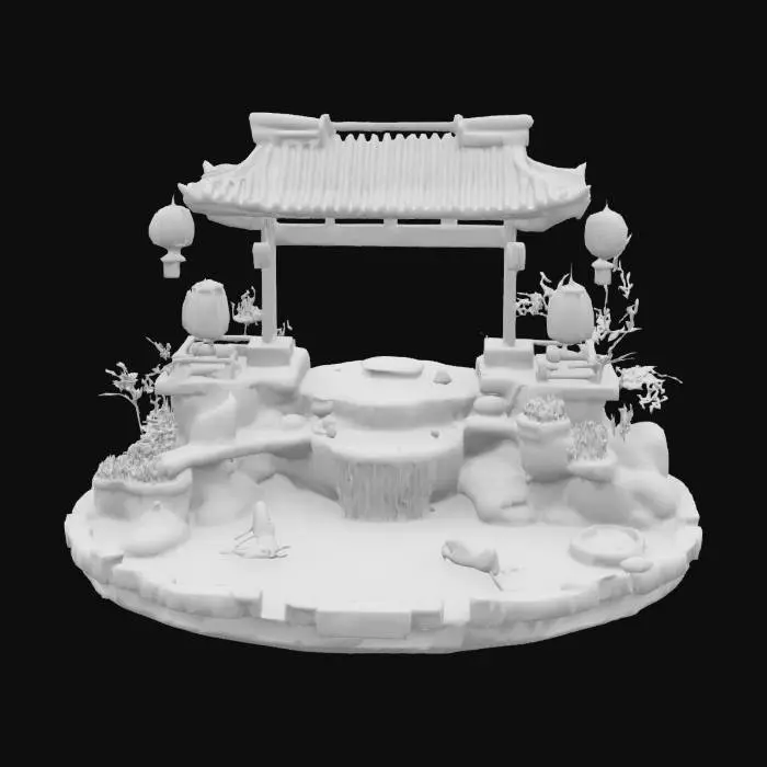 3D model for a beautiful tiered pond with an elaborate traditional japanese arch over it with paper lanterns, #arch#