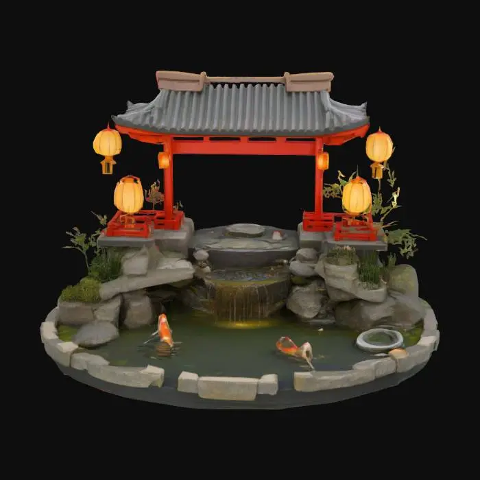 3D model for a beautiful tiered pond with an elaborate traditional japanese arch over it with paper lanterns, #arch#