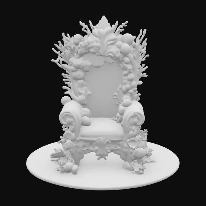 3D model for an underwater throne created by vibrant coral and realistic seashells, #ocean#