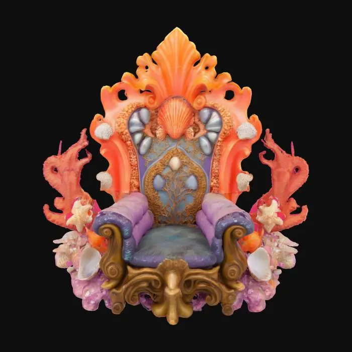 3D model for an underwater throne created by vibrant coral and realistic seashells, #ocean#