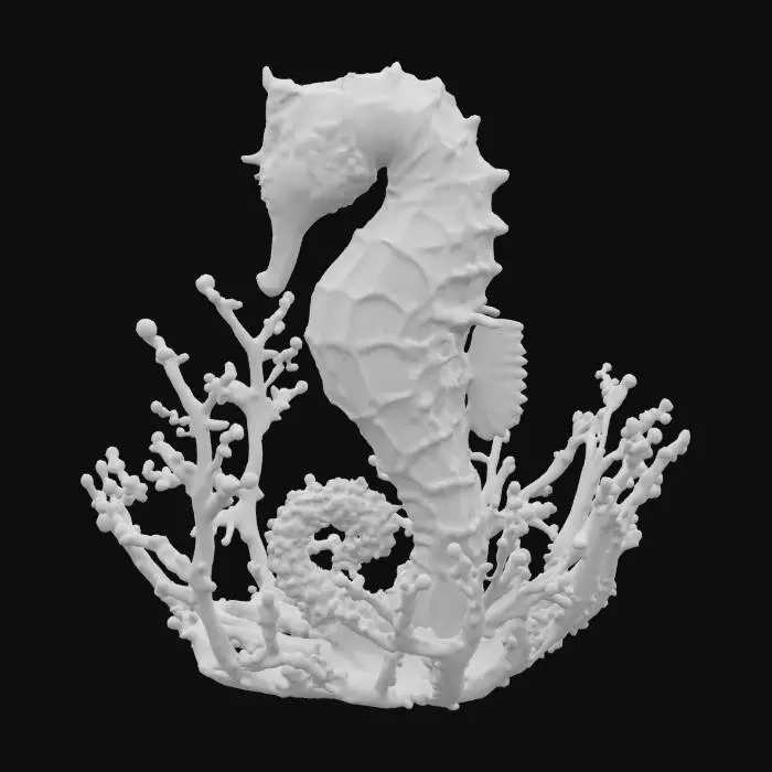 3D model for a vibrant bioluminescent seahorse among glowing bioluminescent seaweed, ultra realistic, highly detailed, #ocean#