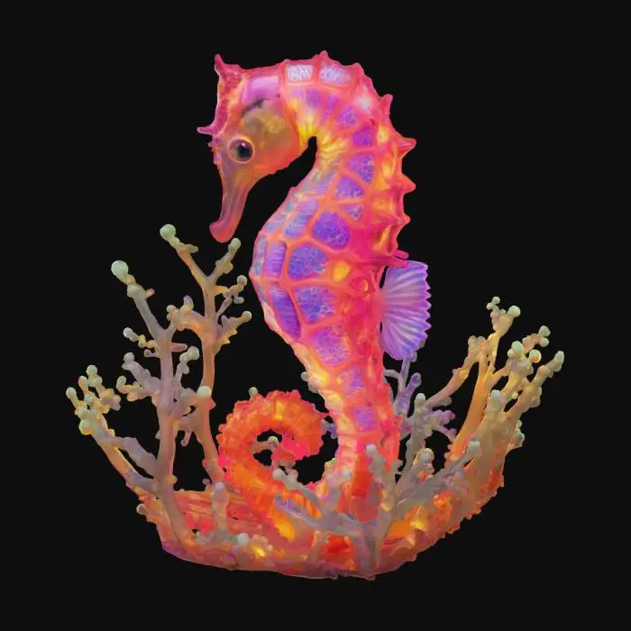 3D model for a vibrant bioluminescent seahorse among glowing bioluminescent seaweed, ultra realistic, highly detailed, #ocean#