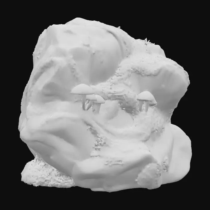 3D model for a beautiful enchanted mossy boulder with shelf mushrooms on it