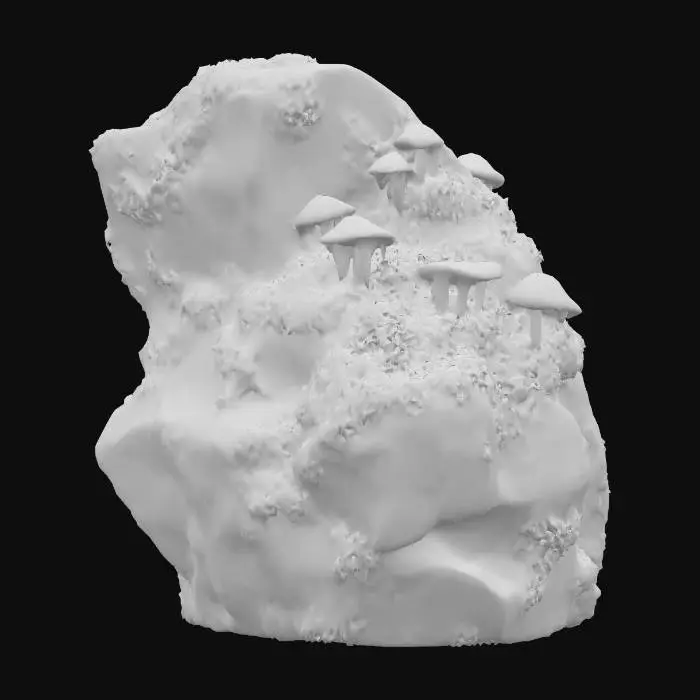 3D model for a beautiful enchanted mossy boulder with shelf mushrooms on it