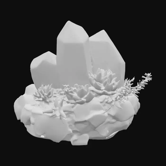 3D model for a large rainbow crystal with succulents growing out of it, #PBR#