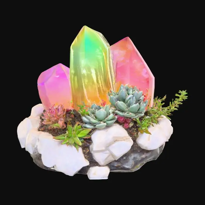 3D model for a large rainbow crystal with succulents growing out of it, #PBR#