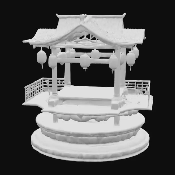3D model for a beautiful tiered pond with an elaborate traditional japanese arch over it with paper lanterns, #PBR#