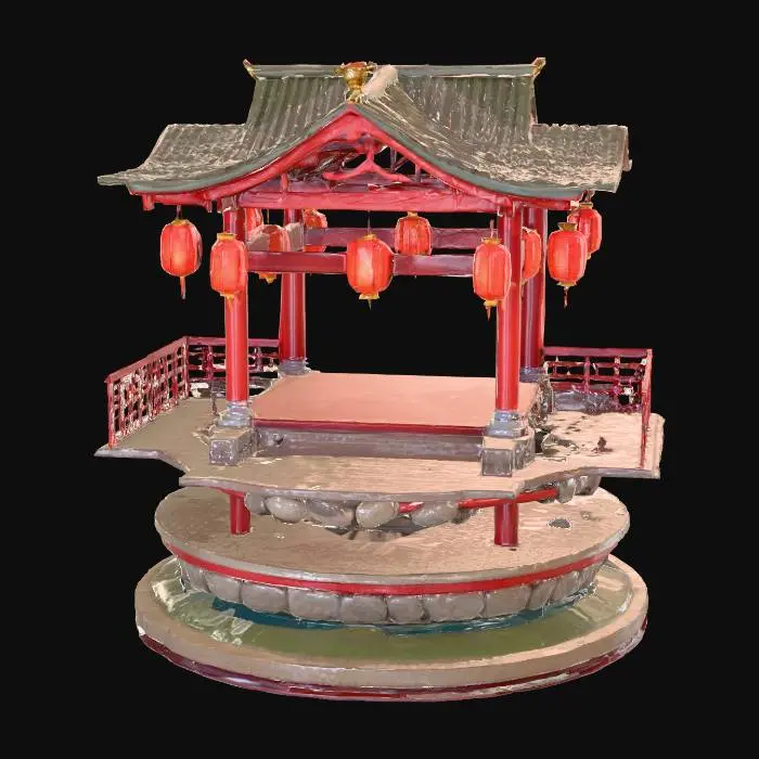 3D model for a beautiful tiered pond with an elaborate traditional japanese arch over it with paper lanterns, #PBR#
