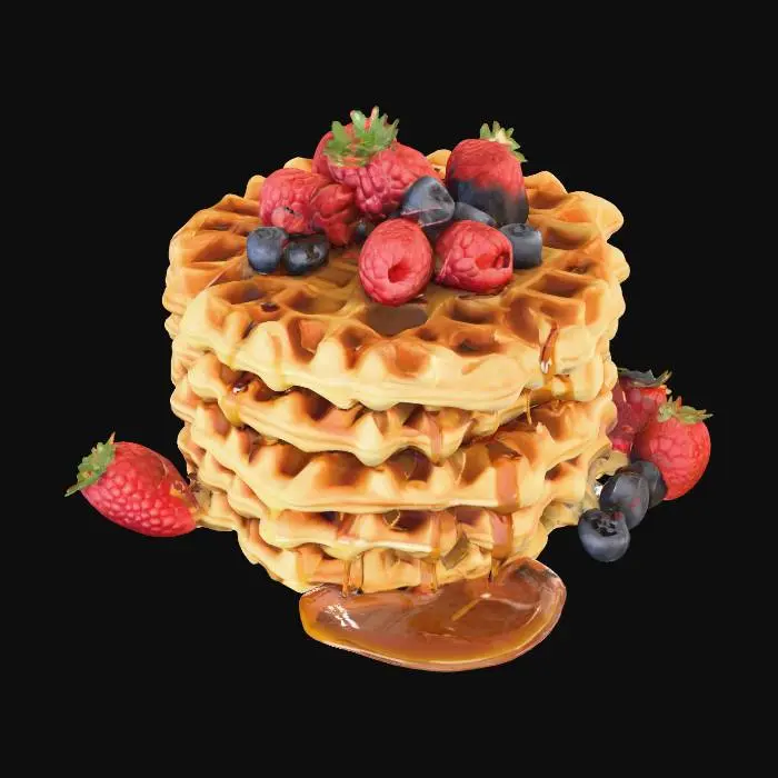 3D model for Highly Detailed, Ultra Realistic, stack of detailed Belgian waffles on a plate, #food#