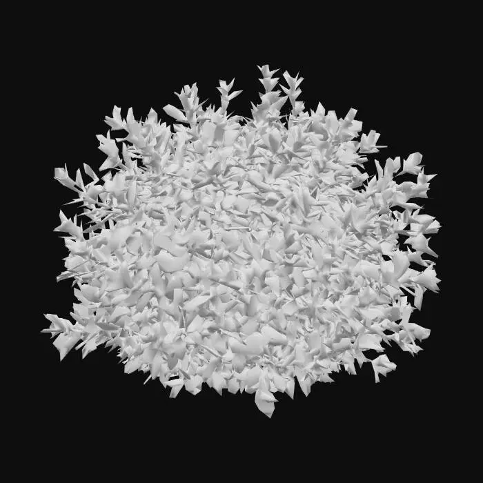 3D model for A dense forest shrub with woody, intertwining stems forming a compact, rounded bush. Its ovate leaves are a deep, glossy emerald green, thick and slightly leathery to the touch. Clusters of small, bell-shaped white flowers with faint yellow centers bloom sparsely among the foliage, their petals feeling delicate and waxy. The stems are rigid and rough, providing a solid, verdant presence in the undergrowth.