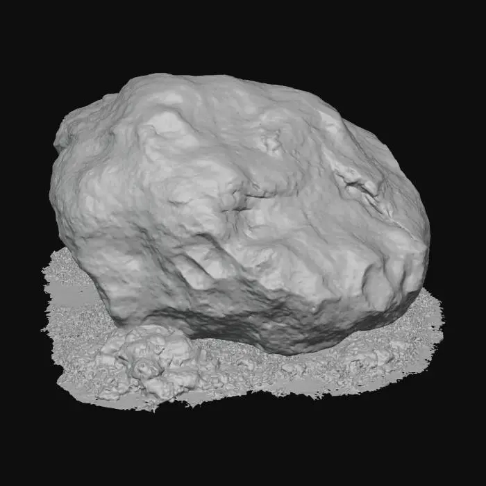 3D model for A formidable, irregularly shaped boulder, seemingly crafted from weathered brown sandstone, deeply grooved and pockmarked. Its entire surface is heavily encrusted with a rich tapestry of variegated mosses and lichens, ranging from deep olive to rusty red hues, creating a complex, textured landscape.