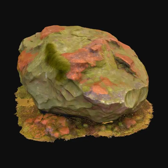 3D model for A formidable, irregularly shaped boulder, seemingly crafted from weathered brown sandstone, deeply grooved and pockmarked. Its entire surface is heavily encrusted with a rich tapestry of variegated mosses and lichens, ranging from deep olive to rusty red hues, creating a complex, textured landscape.