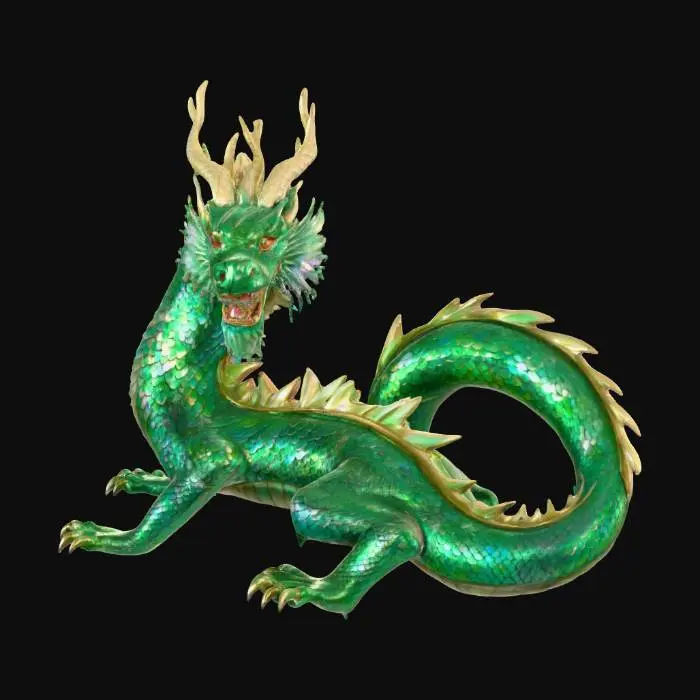 3D model for A majestic Chinese green dragon, its serpentine body covered in iridescent emerald scales that shimmer with metallic luster. The scales are individually defined, creating a textured surface that would feel smooth yet firm to the touch. Its long, flowing whiskers and mane are soft and wispy, contrasting with the sharp, clawed feet and the intricate, horn-like antlers atop its head. Its powerful, coiled shape conveys grace and strength.