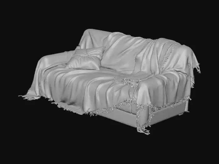 3D model for 3D-модель раскладного дивана, выполненная в детализированном, живописном стиле Disco Elysium, с отчетливыми мазками кисти. Диван полностью покрыт изношенным, грязным покрывалом тусклого цвета, создавая эффект сплошного полотна. На нем небрежно лежат примятая, выцветшая подушка и старое, поношенное одеяло. Форма дивана громоздкая, слегка провисшая, с торчащими нитками. Тактильно он кажется пыльным, жестким и неудобным, отражая общую атмосферу запущенности.