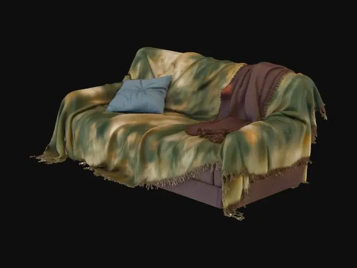 3D model for 3D-модель раскладного дивана, выполненная в детализированном, живописном стиле Disco Elysium, с отчетливыми мазками кисти. Диван полностью покрыт изношенным, грязным покрывалом тусклого цвета, создавая эффект сплошного полотна. На нем небрежно лежат примятая, выцветшая подушка и старое, поношенное одеяло. Форма дивана громоздкая, слегка провисшая, с торчащими нитками. Тактильно он кажется пыльным, жестким и неудобным, отражая общую атмосферу запущенности.