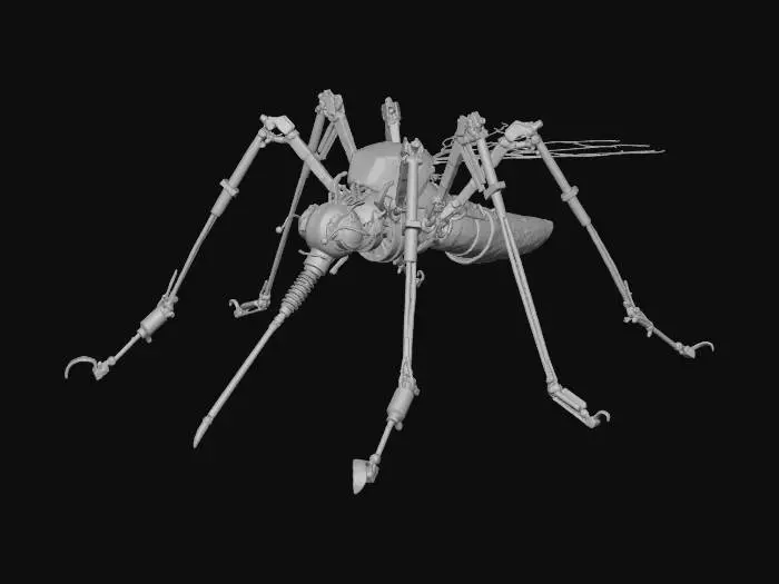 3D model for Масштабная скульптура паука, собранная из сварных металлических деталей: труб, пружин, гидравлических элементов и фар. Поверхность закрашена яркими, выразительными мазками кисти, создающими фактурный, живописный вид. Материал представляет собой окрашенный металл с видимыми слоями краски, придающими ощутимую тактильную глубину. Паук обладает детализированными сегментированными лапами и массивным телом, выполненным в стиле промышленного арта.