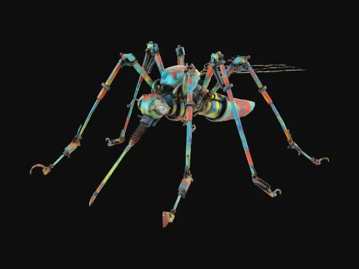 3D model for Масштабная скульптура паука, собранная из сварных металлических деталей: труб, пружин, гидравлических элементов и фар. Поверхность закрашена яркими, выразительными мазками кисти, создающими фактурный, живописный вид. Материал представляет собой окрашенный металл с видимыми слоями краски, придающими ощутимую тактильную глубину. Паук обладает детализированными сегментированными лапами и массивным телом, выполненным в стиле промышленного арта.