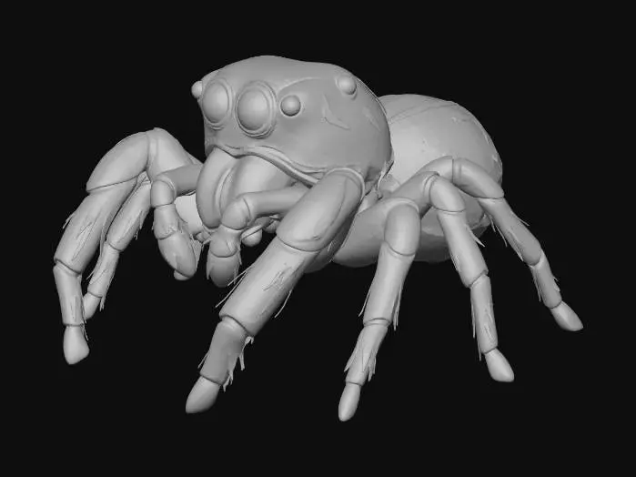 3D model for Макроскопический памятник пауку-скакуну, выполненный из прочного металла, такого как сталь или бронза, и полностью покрытый текстурой, имитирующей толстые, выразительные мазки кисти. Поверхность окрашена в яркие, насыщенные цвета, но с металлическим блеском, просвечивающим сквозь фактурные слои краски. Глаза выполнены как полированные, темные сферы, а сегментированные лапы и тело имеют четкие, живописные контуры, создавая динамичное и тактильное произведение искусства.