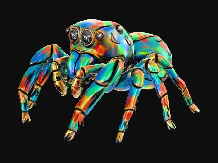 3D model for Макроскопический памятник пауку-скакуну, выполненный из прочного металла, такого как сталь или бронза, и полностью покрытый текстурой, имитирующей толстые, выразительные мазки кисти. Поверхность окрашена в яркие, насыщенные цвета, но с металлическим блеском, просвечивающим сквозь фактурные слои краски. Глаза выполнены как полированные, темные сферы, а сегментированные лапы и тело имеют четкие, живописные контуры, создавая динамичное и тактильное произведение искусства.