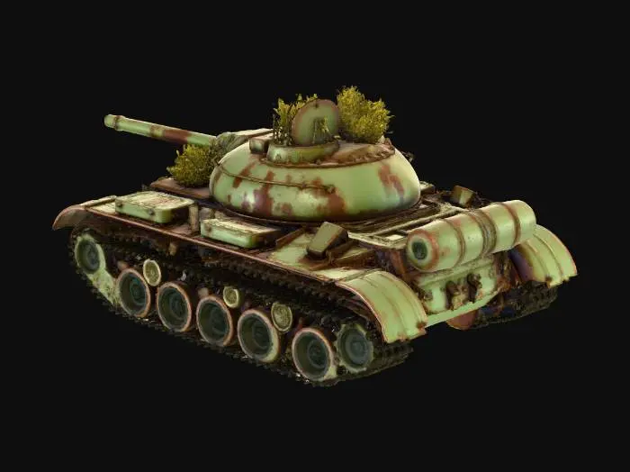 3D model for 3D-модель заброшенного танка с облупившейся оливково-зеленой краской и сильной ржавчиной, покрывающей металлические поверхности. Главная пушка выступает вперед, а башня имеет округлую форму. Вокруг и на корпусе танка растет сухая кустистая растительность с мелкими желтыми цветами. Грубая, питтинговая текстура металла, тусклый блеск ржавчины под ярким солнечным светом, создающим резкие тени.