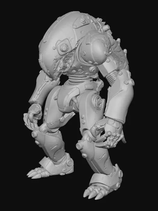 3D model for Изображение высокотехнологичного экзоскелета, выполненное широкими мазками масляной краски. Цвета варьируются от приглушенных оливково-зеленых до темно-серых, с яркими красными акцентами, нанесенными смелыми, выразительными штрихами. Металлические поверхности переданы плотными, текстурированными мазками, имитирующими потертости и рельеф. Шарнирные соединения и ремни показаны резкими, отрывистыми линиями, создавая динамичный и живописный образ промышленного объекта.