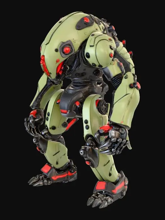 3D model for Изображение высокотехнологичного экзоскелета, выполненное широкими мазками масляной краски. Цвета варьируются от приглушенных оливково-зеленых до темно-серых, с яркими красными акцентами, нанесенными смелыми, выразительными штрихами. Металлические поверхности переданы плотными, текстурированными мазками, имитирующими потертости и рельеф. Шарнирные соединения и ремни показаны резкими, отрывистыми линиями, создавая динамичный и живописный образ промышленного объекта.