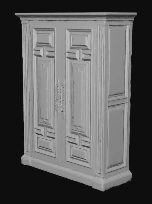 3D model for Импозантный шкаф из массива темного ореха в классическом стиле, с четкими геометрическими линиями и рельефной филенкой на дверцах. Его поверхность гладкая, с легким атласным блеском, подчеркивающим богатую текстуру дерева. Массивные латунные ручки с патиной придают ему винтажный вид. Структура шкафа прочная и монументальная, отражая традиционное мастерство и долговечность.