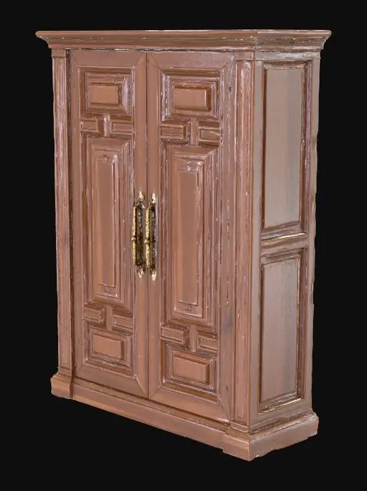 3D model for Импозантный шкаф из массива темного ореха в классическом стиле, с четкими геометрическими линиями и рельефной филенкой на дверцах. Его поверхность гладкая, с легким атласным блеском, подчеркивающим богатую текстуру дерева. Массивные латунные ручки с патиной придают ему винтажный вид. Структура шкафа прочная и монументальная, отражая традиционное мастерство и долговечность.
