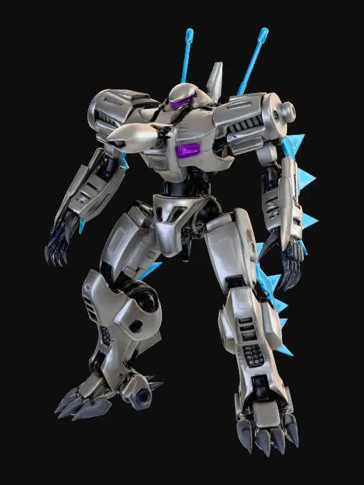3D model for Детализированная 3D-модель боевого робота-меха, собранного из матового серебристо-серого пластика с глянцевыми полупрозрачными элементами глубокого пурпурного и ярко-синего цвета. У робота отчетливая модульная конструкция с открытыми суставами и крупными, округлыми полупрозрачными куполами на голове и груди. На левой руке футуристическое оружие с пурпурным наконечником, а на правой – когтистые лезвия. От нижней части спины отходит сегментированный полупрозрачный синий "хвост" с шипами.